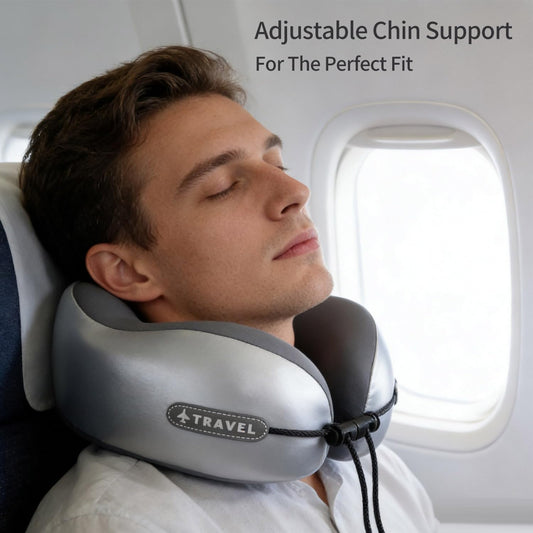 Travel Neck Pillow with Storage Case, 100% Pure Memory Foam, Airplane Head Support for Flight Sleeping, Portable, Gray (Gray Matching)