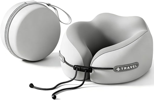 Travel Neck Pillow with Storage Case, 100% Pure Memory Foam, Airplane Head Support for Flight Sleeping, Portable, Gray (Gray Matching)