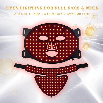 LED Red Light Therapy Mask for Face, Neck and Chest, 7 Light Modes with 850nm NIR Light, 840 Beads, IPX6 Waterproof Rechargeable At-Home Skin Care Device