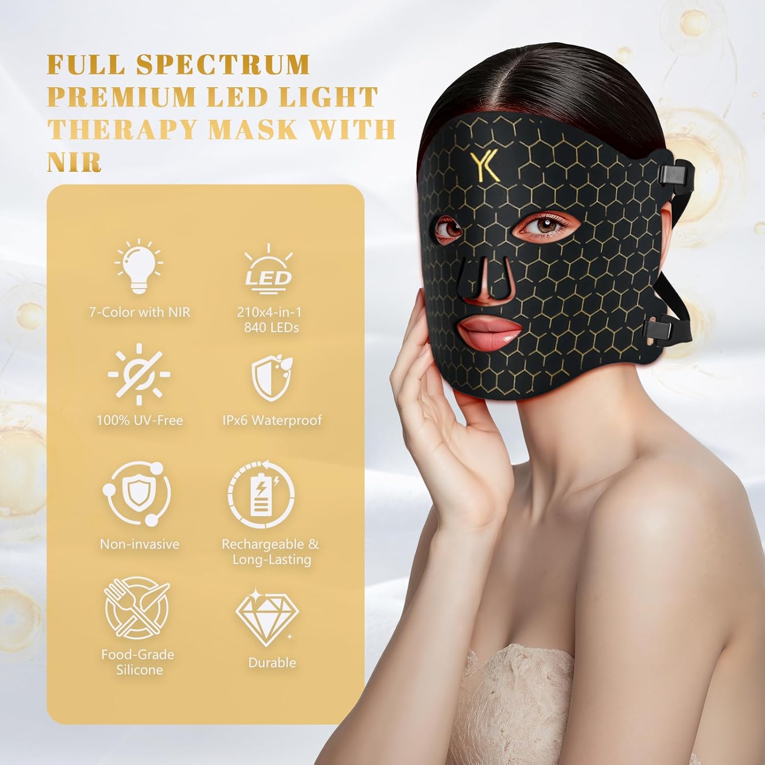 LED Red Light Therapy Mask for Face, Neck and Chest, 7 Light Modes with 850nm NIR Light, 840 Beads, IPX6 Waterproof Rechargeable At-Home Skin Care Device