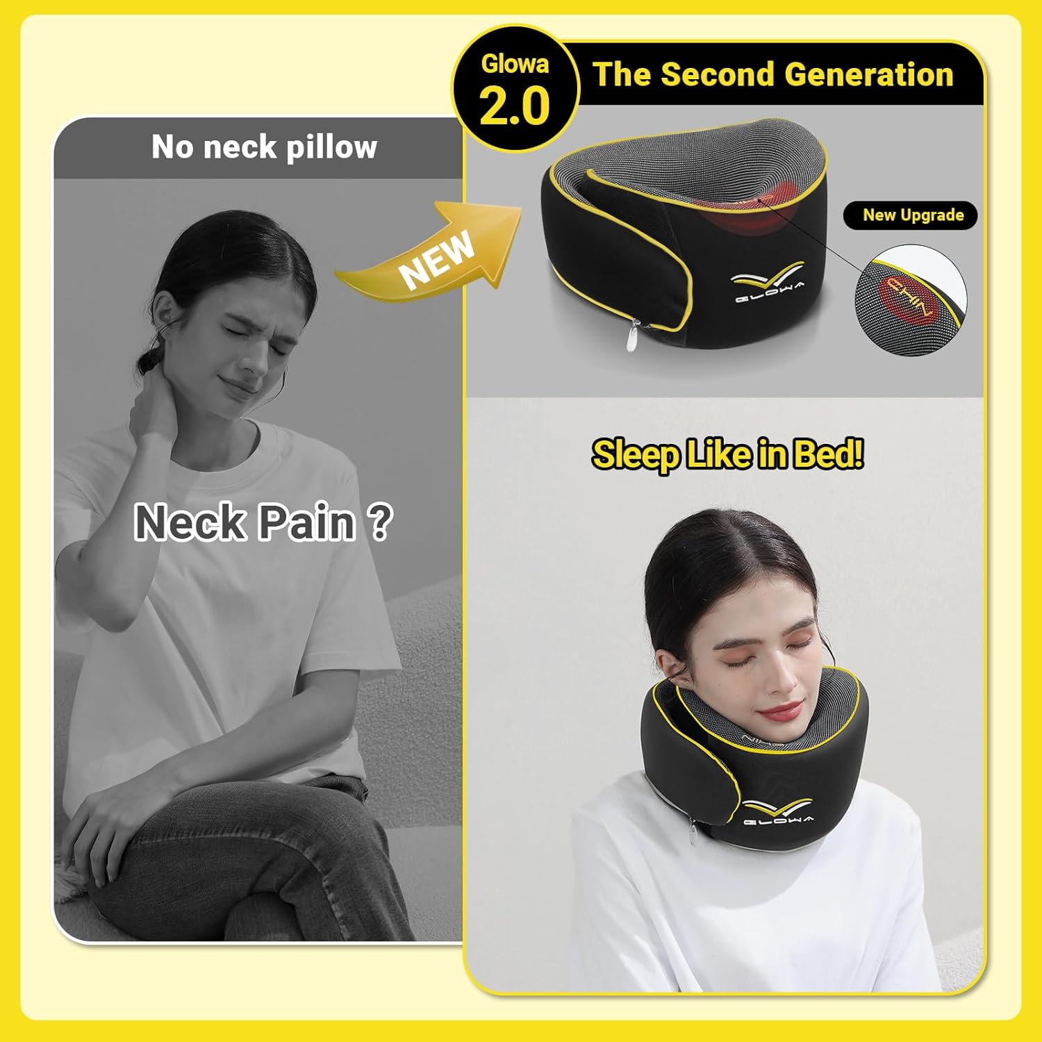 Glowa Travel Pillow, Neck Pillow for Airplane and Car. Upgrade in 2025,Wider Adjustable Range. Enhanced Front Support Effect.Cervical Pillow Function。(Black)…