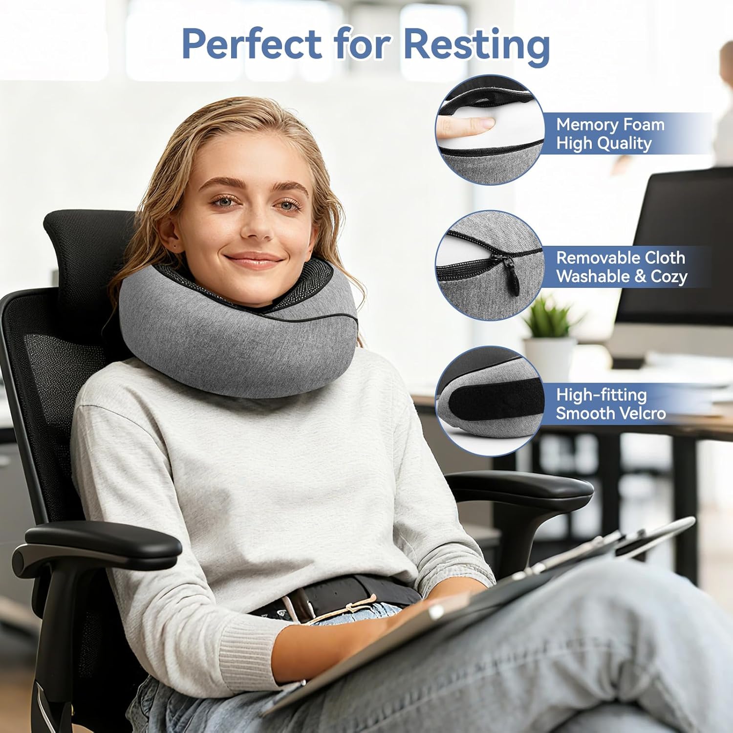 Neck Pillow Airplane, Travel Pillows for Airplanes, Memory Foam Adjustable Portable Neck Pillow for Traveling, Car Rides, and Home Use (Gray)