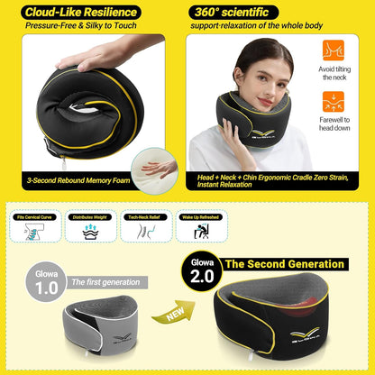 Glowa Travel Pillow, Neck Pillow for Airplane and Car. Upgrade in 2025,Wider Adjustable Range. Enhanced Front Support Effect.Cervical Pillow Function。(Black)…